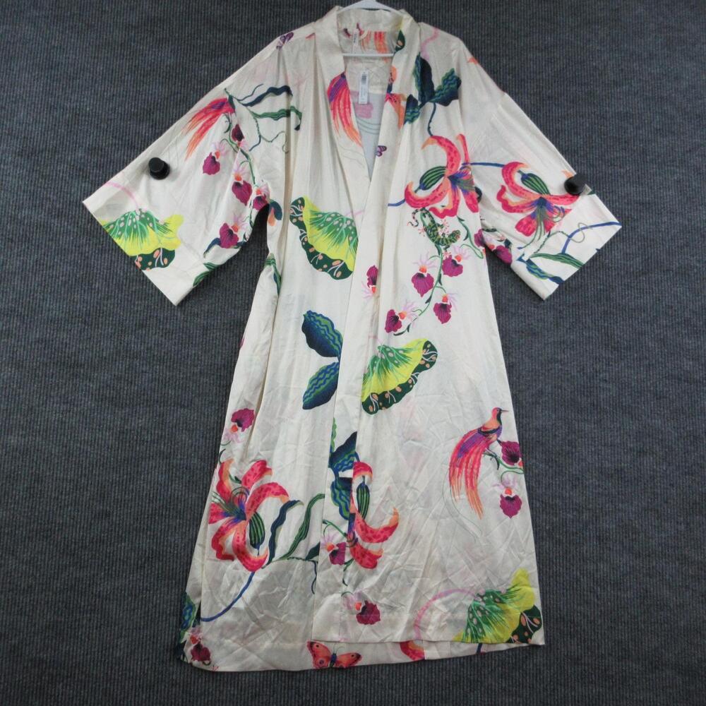 Soma Robe Womens XXL Off-White Kimono Floral Satin Belted Tie Tropical NWT
